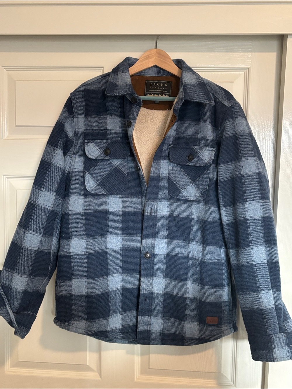 Jachs Mens Navy and Light Blue Plaid Sherpa Shirt Jacket